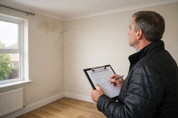 Landlord carrying out full property inspection in rental home checking walls and ceiling for damp and cracks