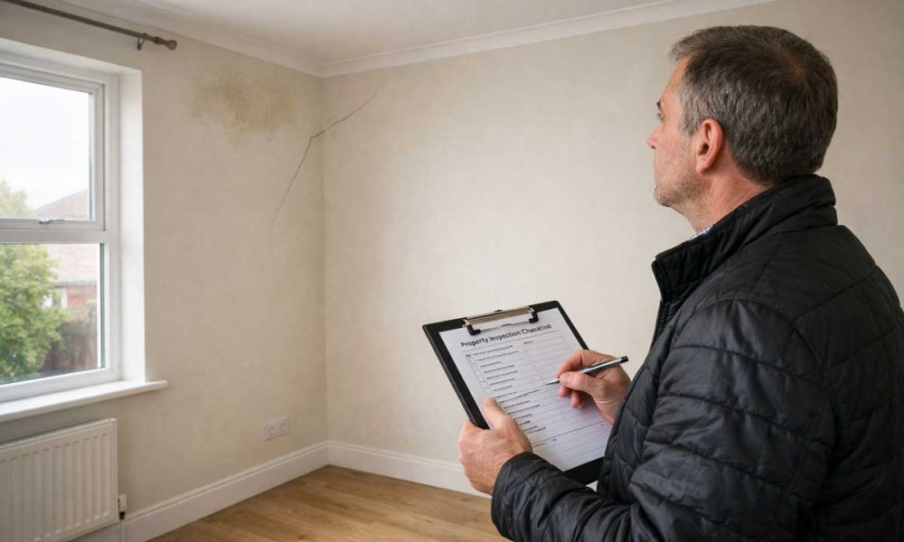 Landlord carrying out full property inspection in rental home checking walls and ceiling for damp and cracks