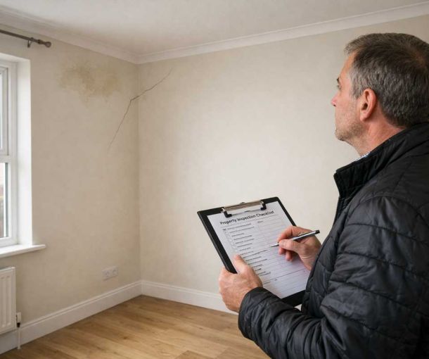 Landlord carrying out full property inspection in rental home checking walls and ceiling for damp and cracks