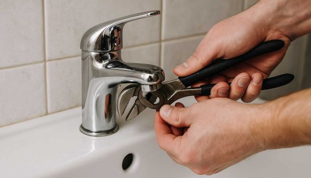 Hands repairing a bathroom faucet with pliers, showing plumbing maintenance in a UK home.