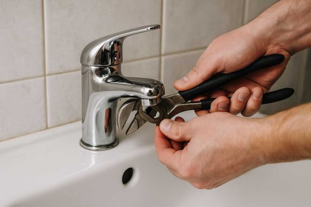 Hands repairing a bathroom faucet with pliers, showing plumbing maintenance in a UK home.