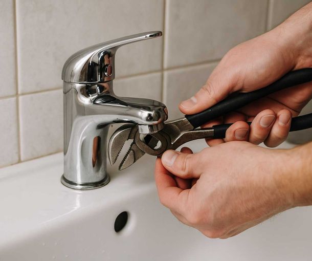 Hands repairing a bathroom faucet with pliers, showing plumbing maintenance in a UK home.