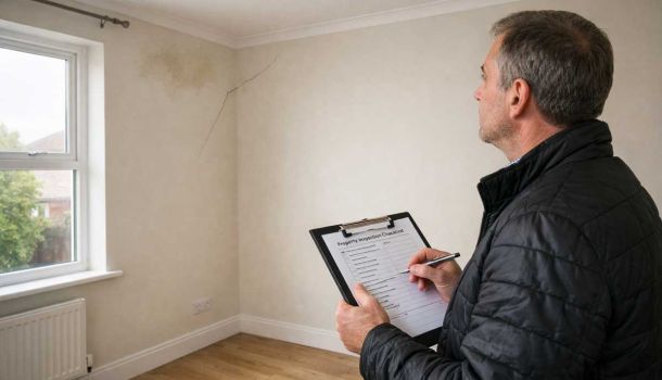 Landlord carrying out full property inspection in rental home checking walls and ceiling for damp and cracks