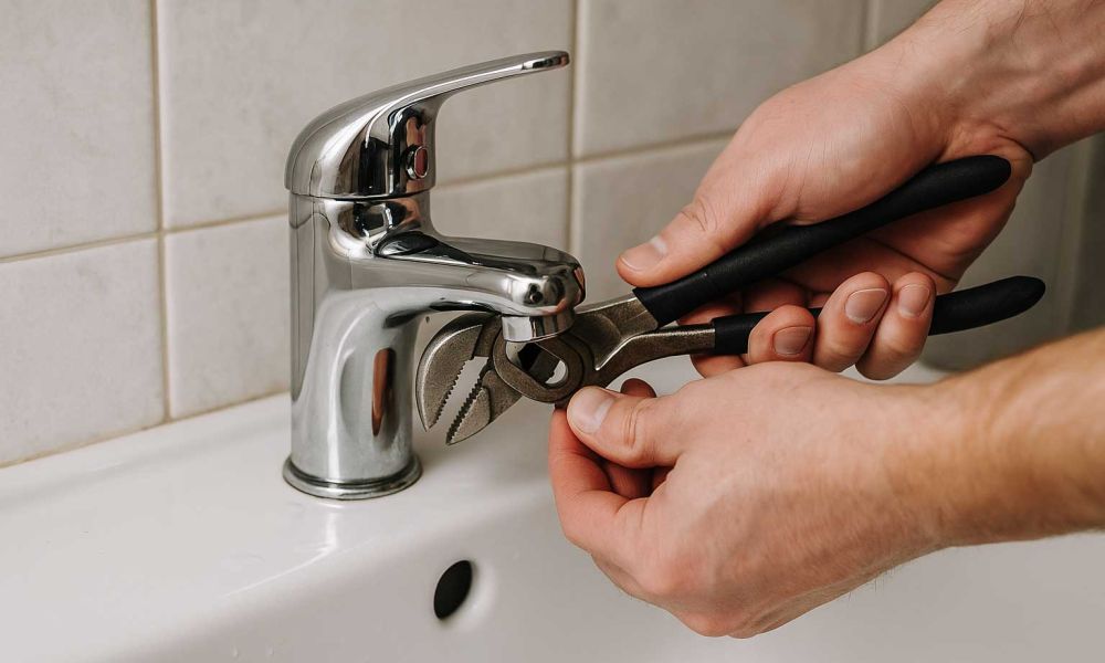 Hands repairing a bathroom faucet with pliers, showing plumbing maintenance in a UK home.