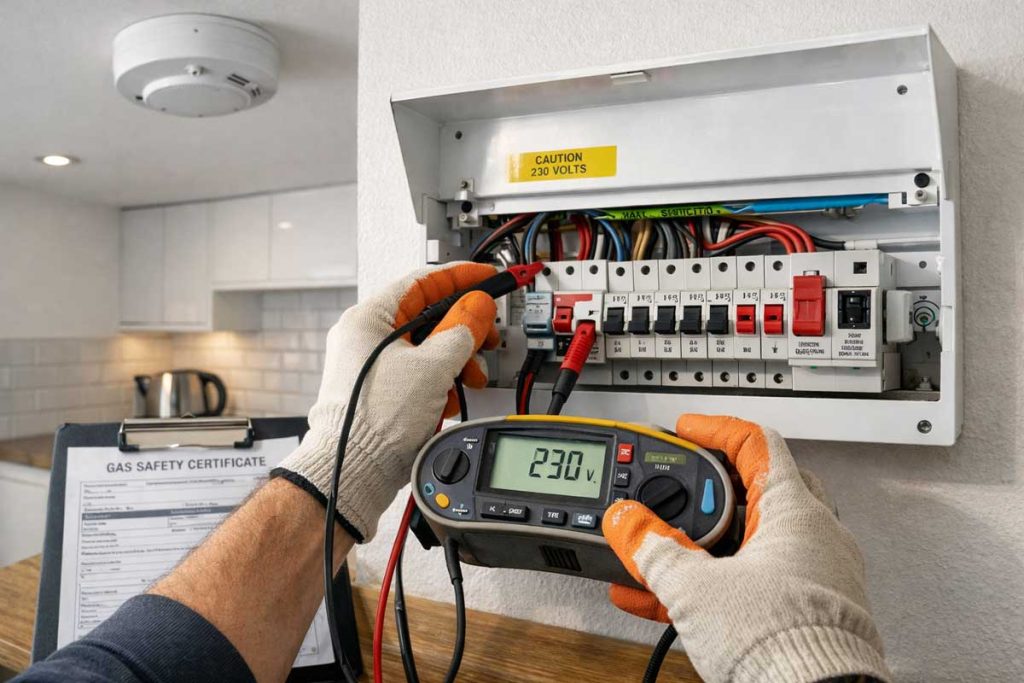 Electrician carrying out electrical safety inspection in rental property with fuse board and testing equipment