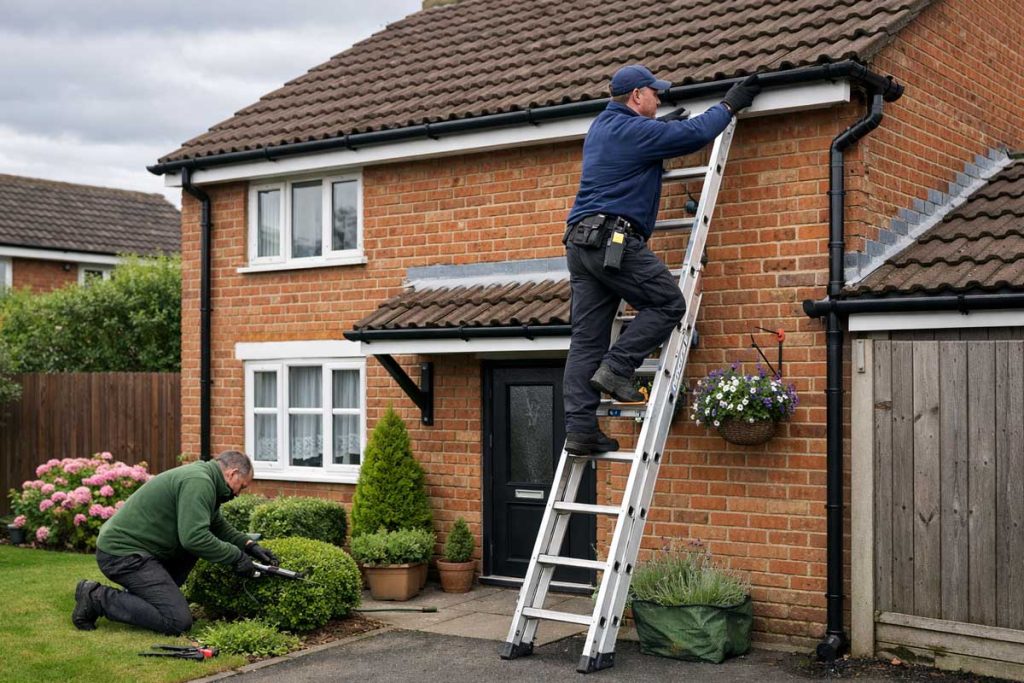 Exterior maintenance being carried out on UK rental property including gutter clearing and garden tidy up