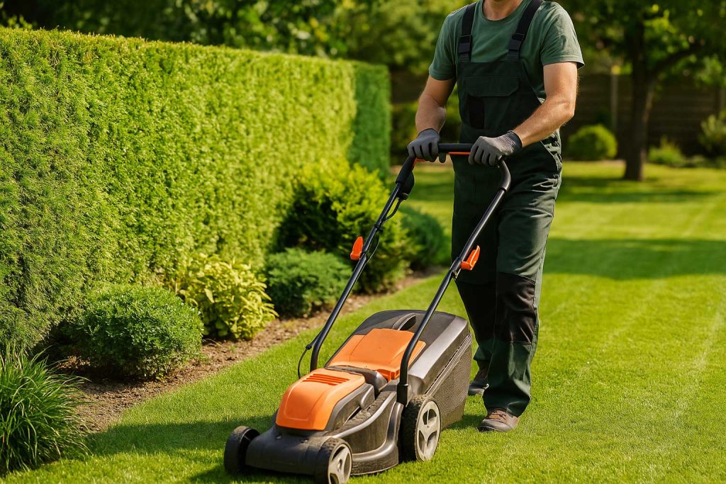 Freshly maintained UK garden with trimmed hedges and lawn, representing seasonal garden care.