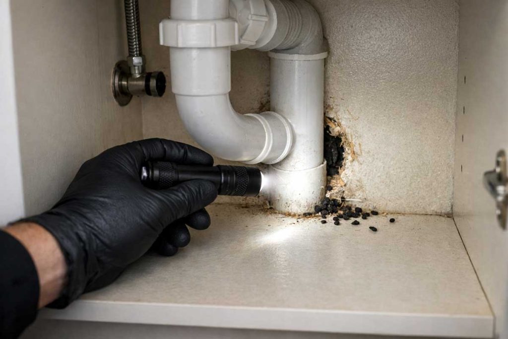 Pest control inspection inside rental property cupboard checking for rodent activity